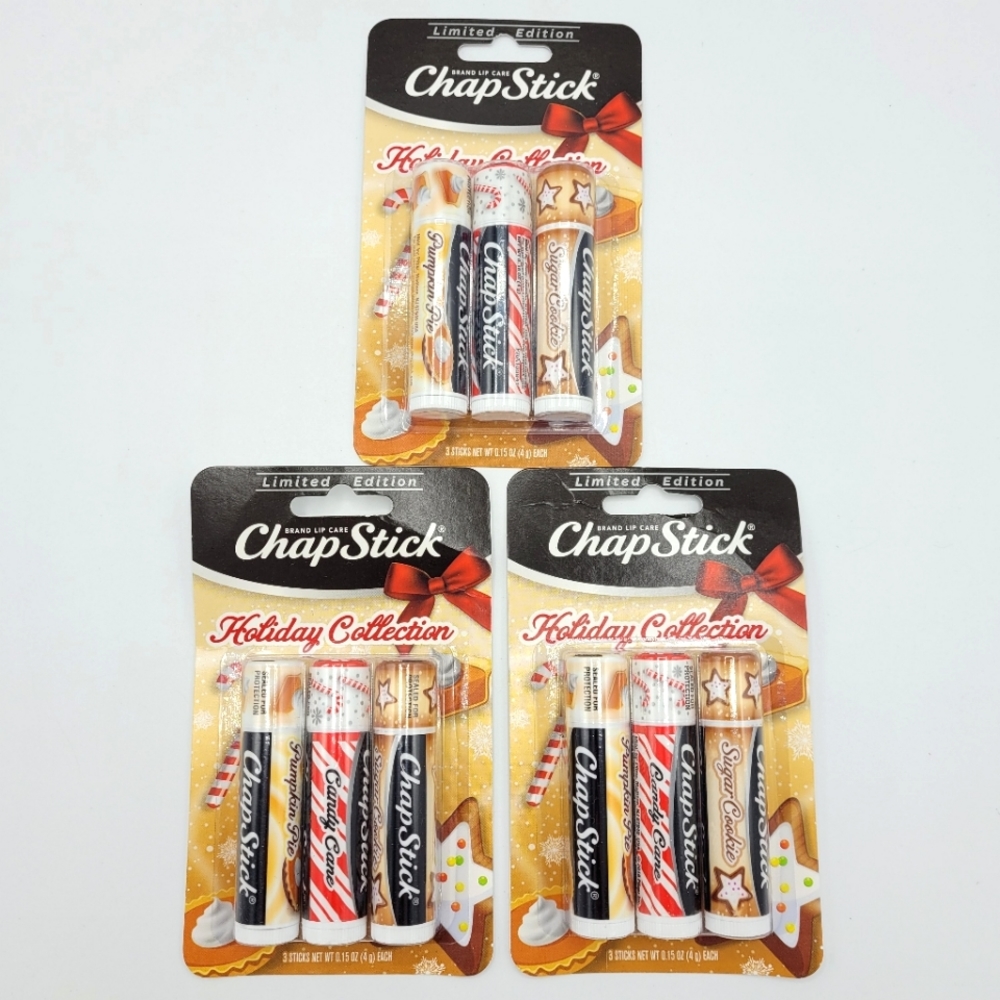 3 Pk ChapStick Holiday Collection Candy Cane Pumpkin Pie Sugar Cookie Lip Balm